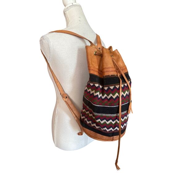 VINTAGE BACKPACK HAND WOVEN WOOL KILIM TOOLED LEATHER SLING PURSE TOTE BAG main image 10